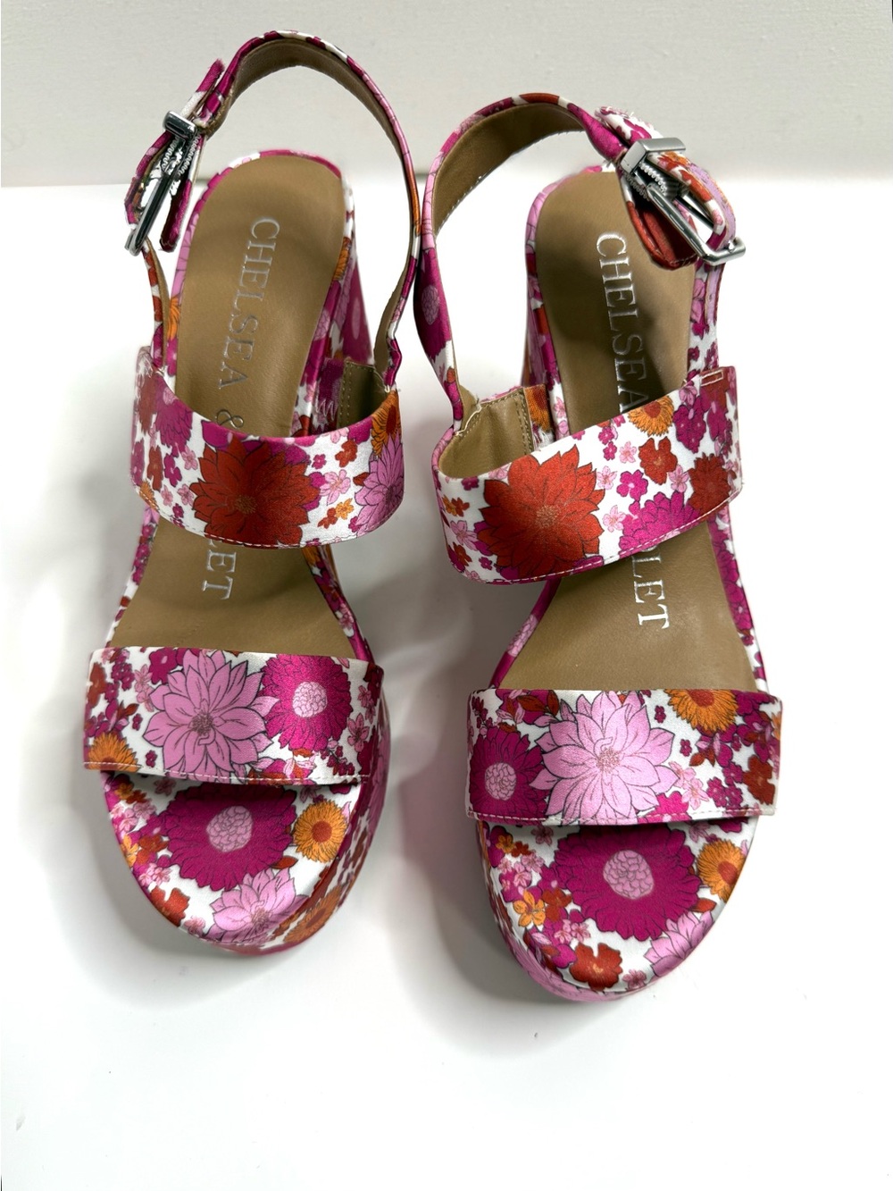 Chelsea & Violet Fuchsia and Orange Floral Slingback Platform Block Sandals Sz 7